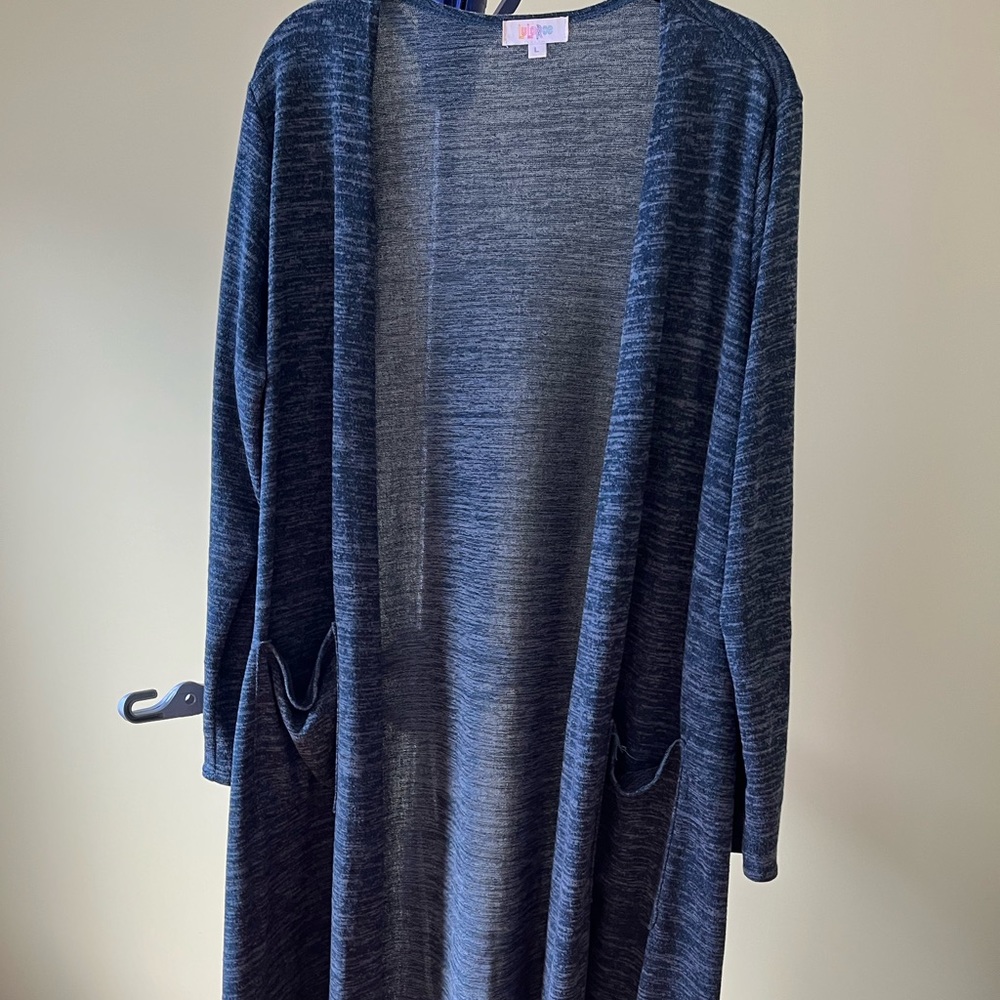 LuLaRoe Sarah Duster Cardigan. Blue heathered stretchy fabric.